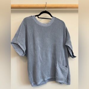 Coldwater Creek Blue Ribbed Knit Short Sleeve Sweater